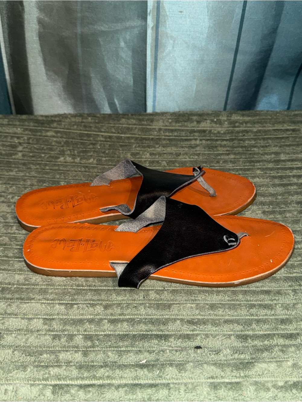 Women's Black and Orange Leather Thong Sandals